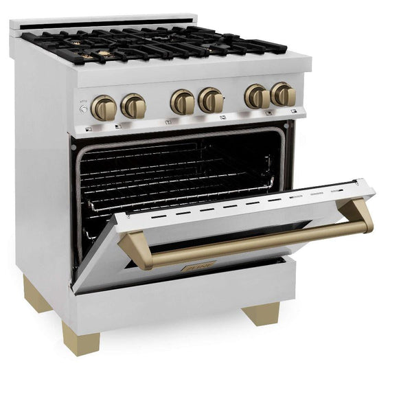 ZLINE Autograph Edition 30 in. 4.0 cu. ft. Dual Fuel Range with Gas Stove and Electric Oven in Stainless Steel with Champagne Bronze Accents (RAZ-30-CB) side, half open.