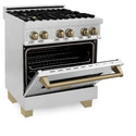 ZLINE Autograph Edition 30 in. Kitchen Package with Stainless Steel Dual Fuel Range, Range Hood, Dishwasher, and Refrigerator with External Water Dispenser with Champagne Bronze Accents (4AKPR-RARHDWM30-CB) 