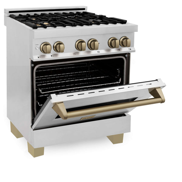 ZLINE Autograph Edition 30 in. Kitchen Package with Stainless Steel Dual Fuel Range, Range Hood, Dishwasher, and Refrigerator with External Water Dispenser with Champagne Bronze Accents (4AKPR-RARHDWM30-CB) 