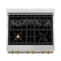 ZLINE Autograph Edition 30 in. 4.0 cu. ft. Dual Fuel Range with Gas Stove and Electric Oven in Stainless Steel with Champagne Bronze Accents (RAZ-30-CB) above, 4-burner gas cooktop.