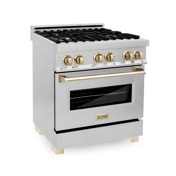 ZLINE Autograph Edition 30 in. Kitchen Package with Stainless Steel Dual Fuel Range, Range Hood, Dishwasher and Refrigeration with Polished Gold Accents (4KAPR-RARHDWM30-G) 
