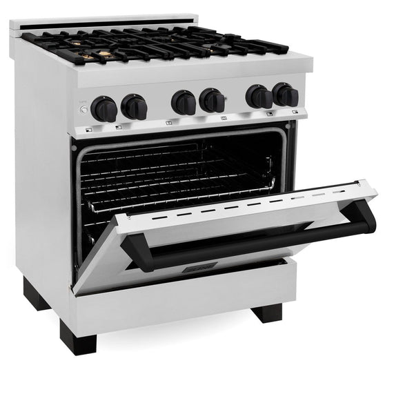 ZLINE Autograph Edition 30 in. Kitchen Package with Stainless Steel Dual Fuel Range, Range Hood, Dishwasher and Refrigeration with Matte Black Accents (4KAPR-RARHDWM30-MB) 