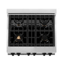ZLINE Autograph Edition 30 in. 4.0 cu. ft. Dual Fuel Range with Gas Stove and Electric Oven in Stainless Steel with Matte Black Accents (RAZ-30-MB) above 4-burner gas cooktop.