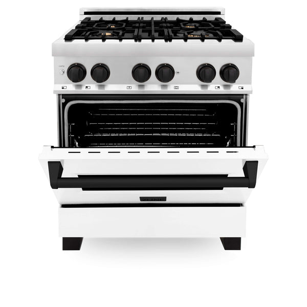 ZLINE Autograph Edition 30" Dual Fuel range with White Matte oven door and Matte Black accents front with oven door halfway open.