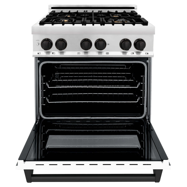ZLINE Autograph Edition 30" Dual Fuel range with White Matte oven door and Matte Black accents front with oven door open.