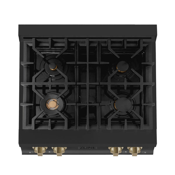 ZLINE Autograph Edition 30 in. Porcelain Rangetop with 4 Gas Burners in Black Stainless Steel and Champagne Bronze Accents (RTBZ-30-CB) from above showing gas burners and cast-iron grates.