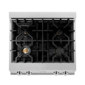 ZLINE 30 in. Porcelain Rangetop in DuraSnow® Stainless Steel with 4 Gas Brass Burners (RTS-BR-30) from above showing gas burners and cast-iron grates.