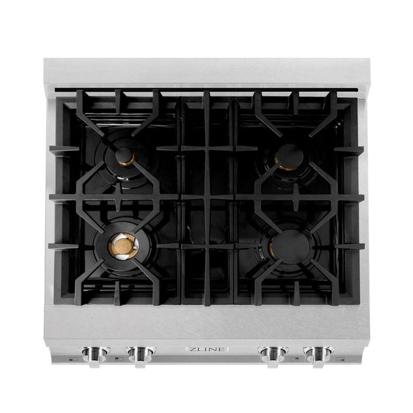 ZLINE 30 in. Porcelain Rangetop in DuraSnow® Stainless Steel with 4 Gas Brass Burners (RTS-BR-30) from above showing gas burners and cast-iron grates.