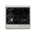 ZLINE Autograph Edition 30 in. Porcelain Rangetop with 4 Gas Burners in DuraSnow® Stainless Steel with Polished Gold Accents (RTSZ-30-G) from above showing gas burners and cast-iron grates.