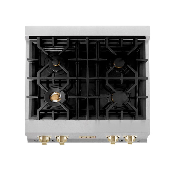 ZLINE Autograph Edition 30 in. Porcelain Rangetop with 4 Gas Burners in DuraSnow® Stainless Steel with Polished Gold Accents (RTSZ-30-G) from above showing gas burners and cast-iron grates.