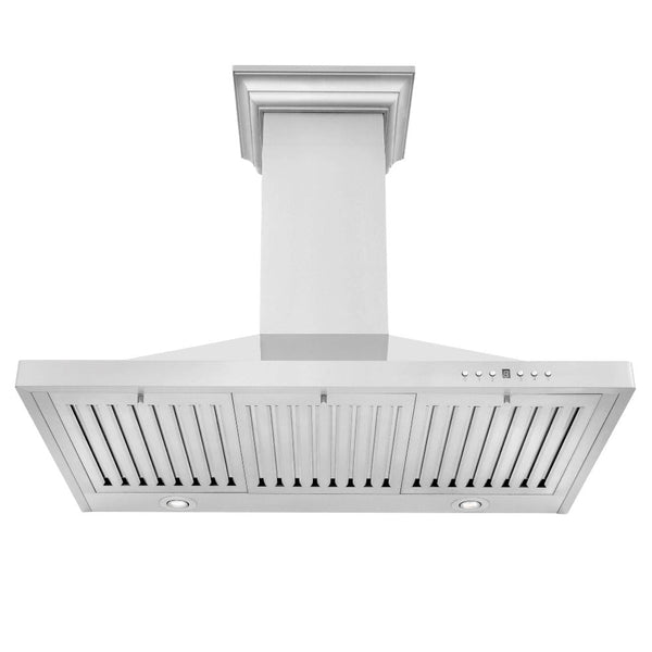 ZLINE Convertible Vent Wall Mount Range Hood in Stainless Steel with Crown Molding (KBCRN) front, under.
