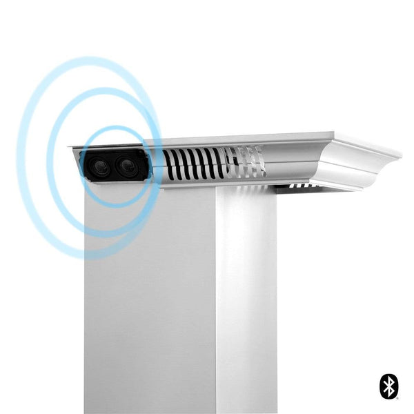 ZLINE Wall Mount Range Hood in Stainless Steel with Built-in CrownSound Bluetooth Speakers (KF2CRN-BT) close-up, built-in Bluetooth Speaker.