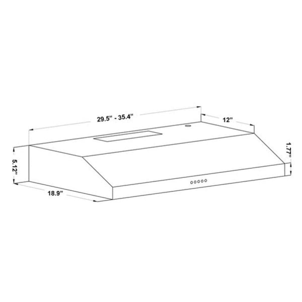 ZLINE 30 inch 280 CFM Ducted Under Cabinet Range Hood in Stainless Steel - Hardwired Power (615-30) dimensions.