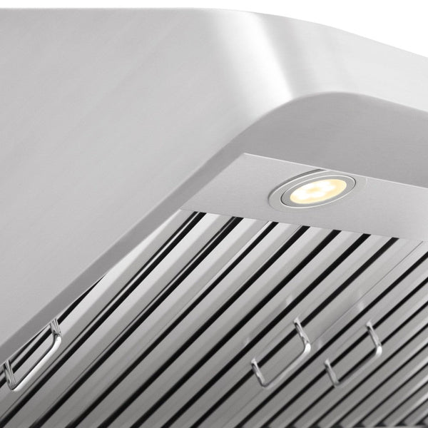 ZLINE Ducted Under Cabinet Range Hood in Stainless Steel (623) close-up, built-in LED lighting.