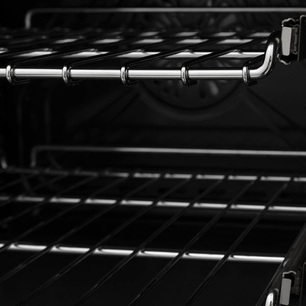ZLINE Autograph Edition 36 in. 4.6 cu. ft. Dual Fuel Range with Gas Stove and Electric Oven in Stainless Steel with Polished Gold Accents (RAZ-36-G) close-up, adjustable racks inside oven.