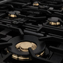 ZLINE Autograph Edition 36 in. 4.6 cu. ft. Dual Fuel Range with Gas Stove and Electric Oven in Stainless Steel with Polished Gold Accents (RAZ-36-G) brass burners and cast-iron grates.
