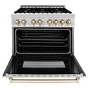 ZLINE Autograph Edition 36 in. 4.6 cu. ft. Dual Fuel Range with Gas Stove and Electric Oven in Stainless Steel with Polished Gold Accents (RAZ-36-G) front, oven open.