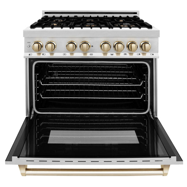 ZLINE Autograph Edition 36 in. 4.6 cu. ft. Dual Fuel Range with Gas Stove and Electric Oven in Stainless Steel with Polished Gold Accents (RAZ-36-G) front, oven open.