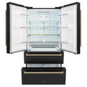 ZLINE 36 in. Autograph Edition French Door Refrigerator with Ice Maker in Black Stainless Steel with Champagne Bronze Accents front with doors open and bottom freezer drawer open.