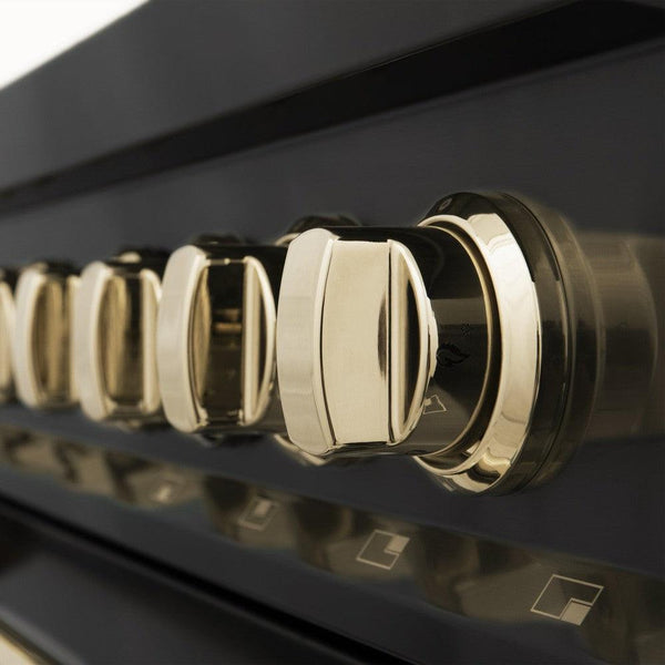 ZLINE Autograph Edition 48 in. Range Knobs in Black Stainless Steel with Gold Accents Close Up