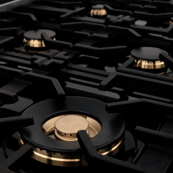 ZLINE Autograph Edition 48 in. Range in Black Stainless Steel with Gold Accents Brass Burners Close Up