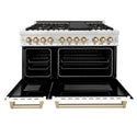 ZLINE Autograph Edition 48 in. Dual Fuel Range with White Matte Doors and Polished Gold Accents (RAZ-WM-48-G) front with double ovens open.