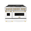 ZLINE Autograph Edition 48 in. Dual Fuel Range with White Matte Doors and Polished Gold Accents (RAZ-WM-48-G) front.