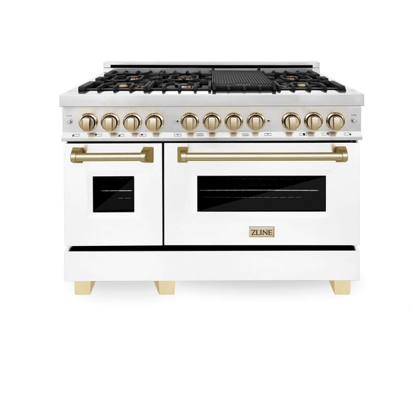 ZLINE Autograph Edition 48 in. Dual Fuel Range with White Matte Doors and Polished Gold Accents (RAZ-WM-48-G) front.