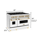ZLINE Autograph Edition 48 in. Dual Fuel Range with White Matte Doors and Polished Gold Accents (RAZ-WM-48-G) dimensions.