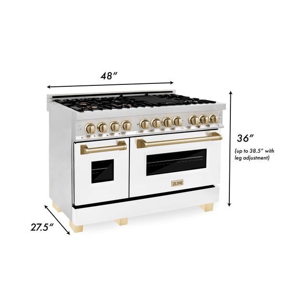 ZLINE Autograph Edition 48 in. Dual Fuel Range with White Matte Doors and Polished Gold Accents (RAZ-WM-48-G) dimensions.