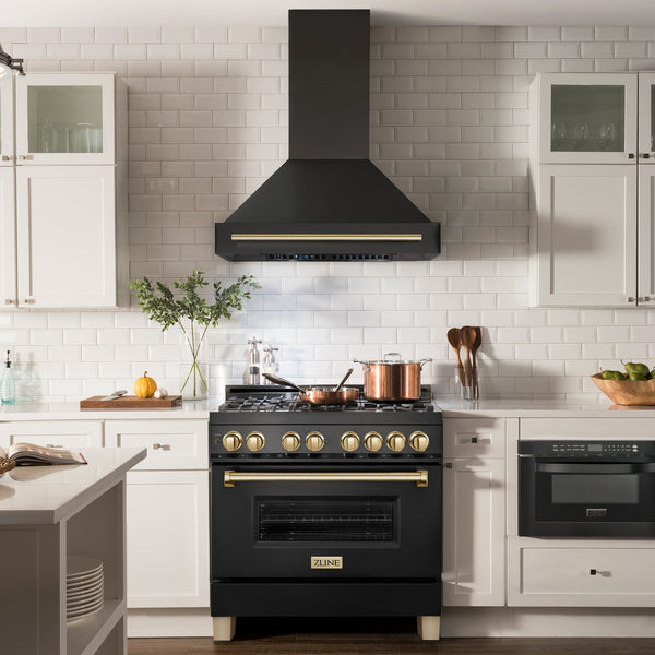 ZLINE 36" Black Stainless Steel Range Hood with Polished Gold Handle (BS655Z-36-G)