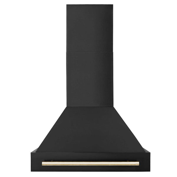 ZLINE Autograph Edition 30 in. Black Stainless Steel Range Hood with Accent Handle (BS655Z-30) Polished Gold, front.