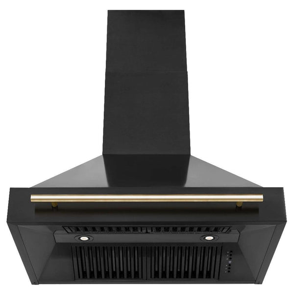 ZLINE Autograph Edition 36 in. Black Stainless Steel Range Hood with Handle (BS655Z-36) Polished Gold, front, under.