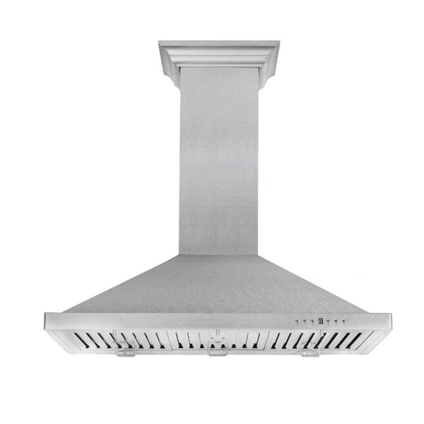 ZLINE Designer Series DuraSnow® Stainless Steel Wall Mount Range Hood (8KBS), front under.