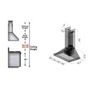 ZLINE Designer Series DuraSnow® Stainless Steel Wall Mount Range Hood (8KBS) chimney height guide and dimensions.