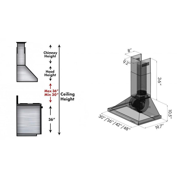 ZLINE Designer Series DuraSnow® Stainless Steel Wall Mount Range Hood (8KBS) chimney height guide and dimensions.
