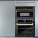 ZLINE Autograph Edition 30 in. 1.6 cu ft. Built-in Convection Microwave Oven in Black Stainless Steel with Champagne Bronze Accents (MWOZ-30-BS-CB) built-in to blue cabinets above a ZLINE Wall Oven