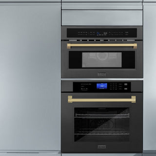 ZLINE Autograph Edition 30 in. 1.6 cu ft. Built-in Convection Microwave Oven in Black Stainless Steel with Champagne Bronze Accents (MWOZ-30-BS-CB) built-in to blue cabinets above a ZLINE Wall Oven