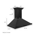 ZLINE Ducted Vent Wall Mount Range Hood in Black Stainless Steel with Built-in ZLINE CrownSound Bluetooth Speakers (BSKBNCRN-BT) dimensional diagram.
