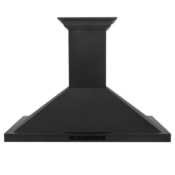 ZLINE Ducted Vent Wall Mount Range Hood in Black Stainless Steel with Built-in ZLINE CrownSound Bluetooth Speakers (BSKBNCRN-BT) front.