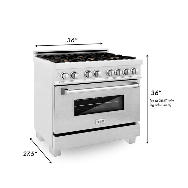 ZLINE 36 in. 4.6 cu. ft. Legacy Dual Fuel Range with Gas Cooktop and Electric Convection Oven in DuraSnow® Stainless Steel with 6 Brass Burners and Griddle (RAS-SN-BR-GR-36)