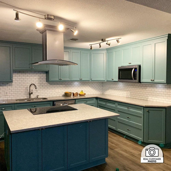 ZLINE Convertible Vent Island Mount Range Hood in Stainless Steel and Glass (GL14i) in a kitchen above induction cooktop.