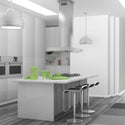 ZLINE Convertible Vent Island Mount Range Hood in Stainless Steel (KE2i) in modern white kitchen side view