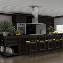 ZLINE Convertible Vent Island Mount Range Hood in Stainless Steel (KE2i) in island configuration above ZLINE cooktop with bar-style high seating