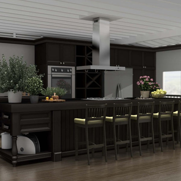 ZLINE Convertible Vent Island Mount Range Hood in Stainless Steel (KE2i) in island configuration above ZLINE cooktop with bar-style high seating