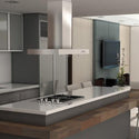 ZLINE Convertible Vent Island Mount Range Hood in Stainless Steel (KE2i) in modern luxury kitchen above cooktop with white countertop