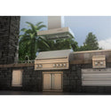 ZLINE Ducted Outdoor Island Mount Range Hood in Stainless Steel (KECOMi-304) rendering above an outdoor barbecue from below.