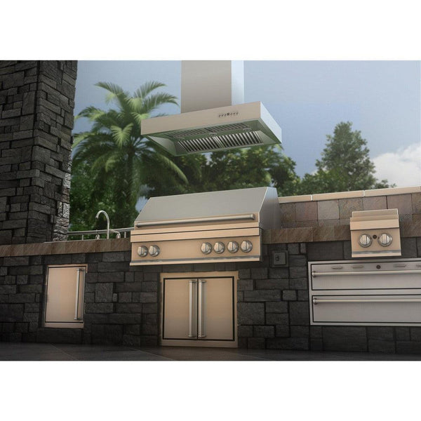ZLINE Ducted Outdoor Island Mount Range Hood in Stainless Steel (KECOMi-304) rendering above an outdoor barbecue from below.