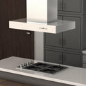 ZLINE Ducted Outdoor Island Mount Range Hood in Stainless Steel (KECOMi-304) rendering above drop-in gas cooktop in a kitchen.