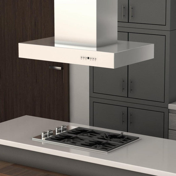 ZLINE Ducted Outdoor Island Mount Range Hood in Stainless Steel (KECOMi-304) rendering above drop-in gas cooktop in a kitchen.